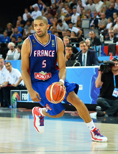 MONTPELLIER, FRANCE - SEPTEMBER 6: Nicolas Batum of France in action during the EuroBasket 2015 group A match between Bosnia and Herzegovina - France at the Park and Suites Arena in Montpellier, on September 6, 2015. (Photo by Mustafa Yalcin/Anadolu Agency/Getty Images)