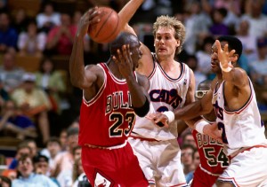 CLEVELAND - 1991: Craig Ehlo #6 of the Cleveland Cavaliers plays defense against Michael Jordan #23 of the Chicago Bulls during an NBA game in 1991 at Richfield Coliseum in Cleveland, Ohio. NOTE TO USER: User expressly acknowledges and agrees that, by downloading and/or using this Photograph, user is consenting to the terms and conditions of the Getty Images License Agreement. Mandatory Copyright Notice: Copyright 1991 NBAE (Photo by Nathaniel S. Butler/NBAE via Getty Images) *** Local Caption *** Craig Ehlo;Michael Jordan